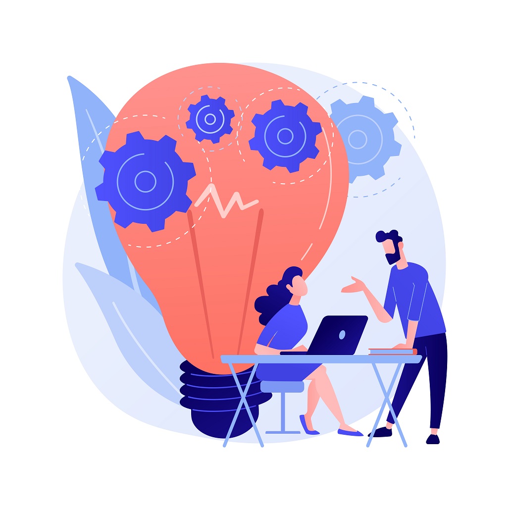 New idea implementation. Creative thinking, innovative solutions, startup project. Colleagues, partners discussing marketing strategy. Vector isolated concept metaphor illustration